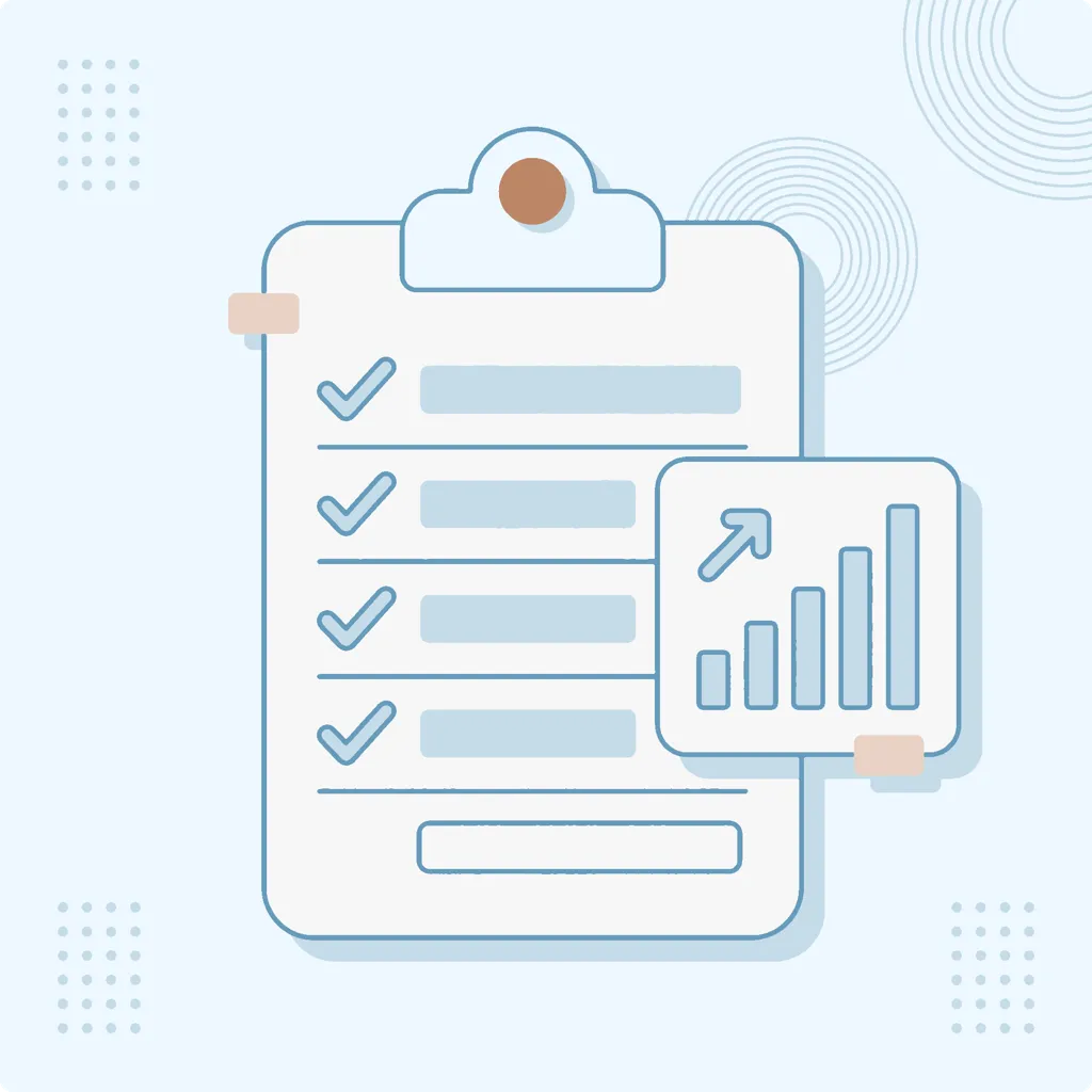 gauche Redactionele illustratie van een checklist naast een dashboard, de stap naar actie richting een ERP.